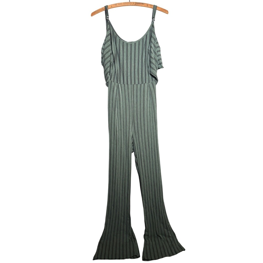 Sage Green Striped Flare Leg Jumpsuit Sleeveless Back Cutout Tie Waist Festival